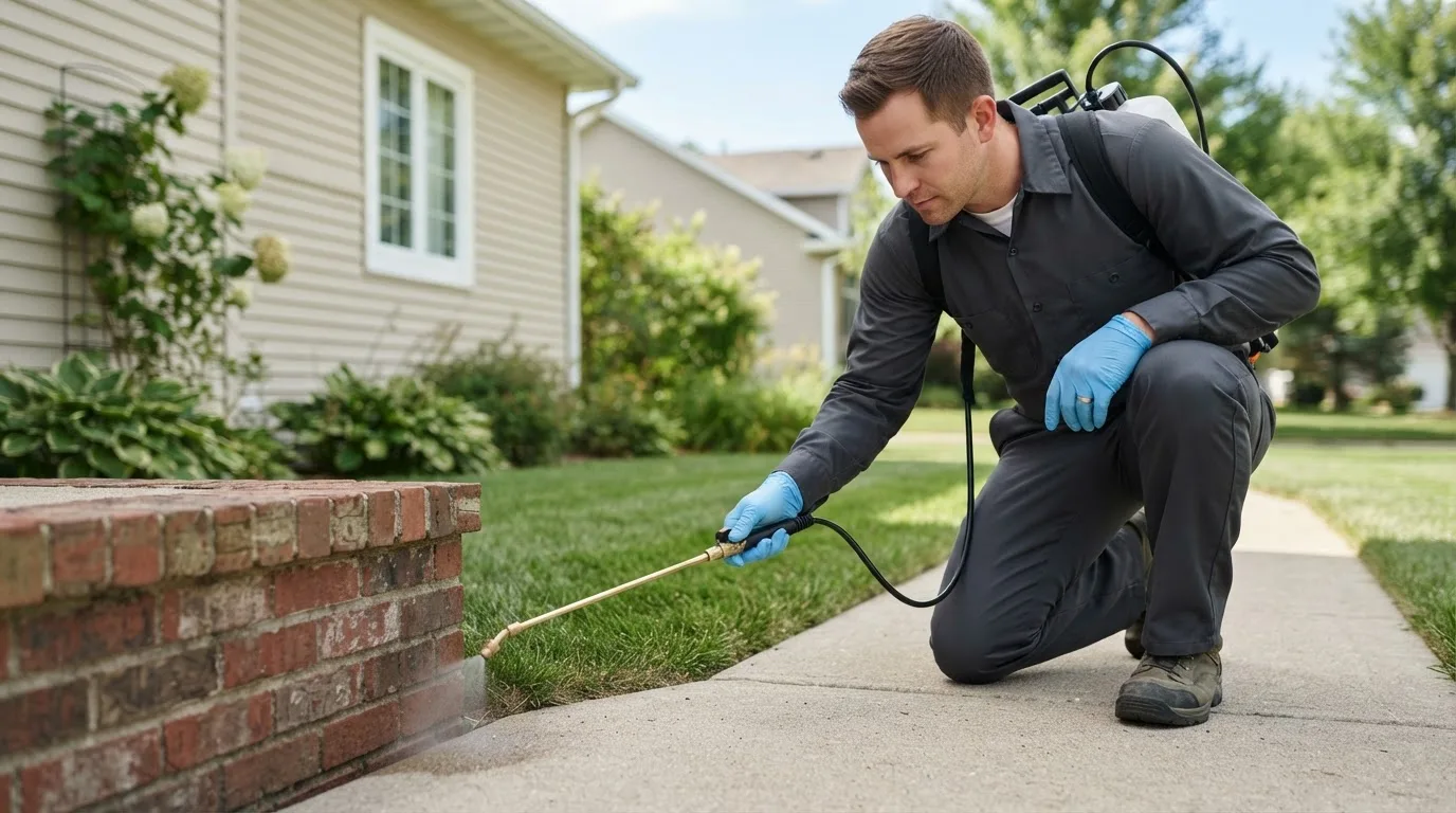 Pest control technician treating a home near Rockville Centre, NY